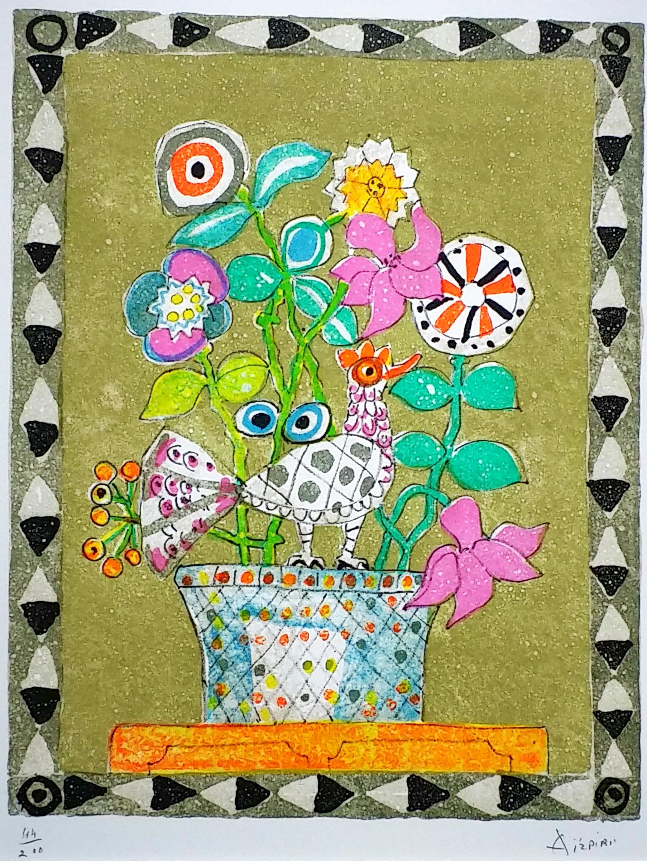 ポール・アイズピリ – ベージュの背景の鳥と花束（版画 リトグラフ 