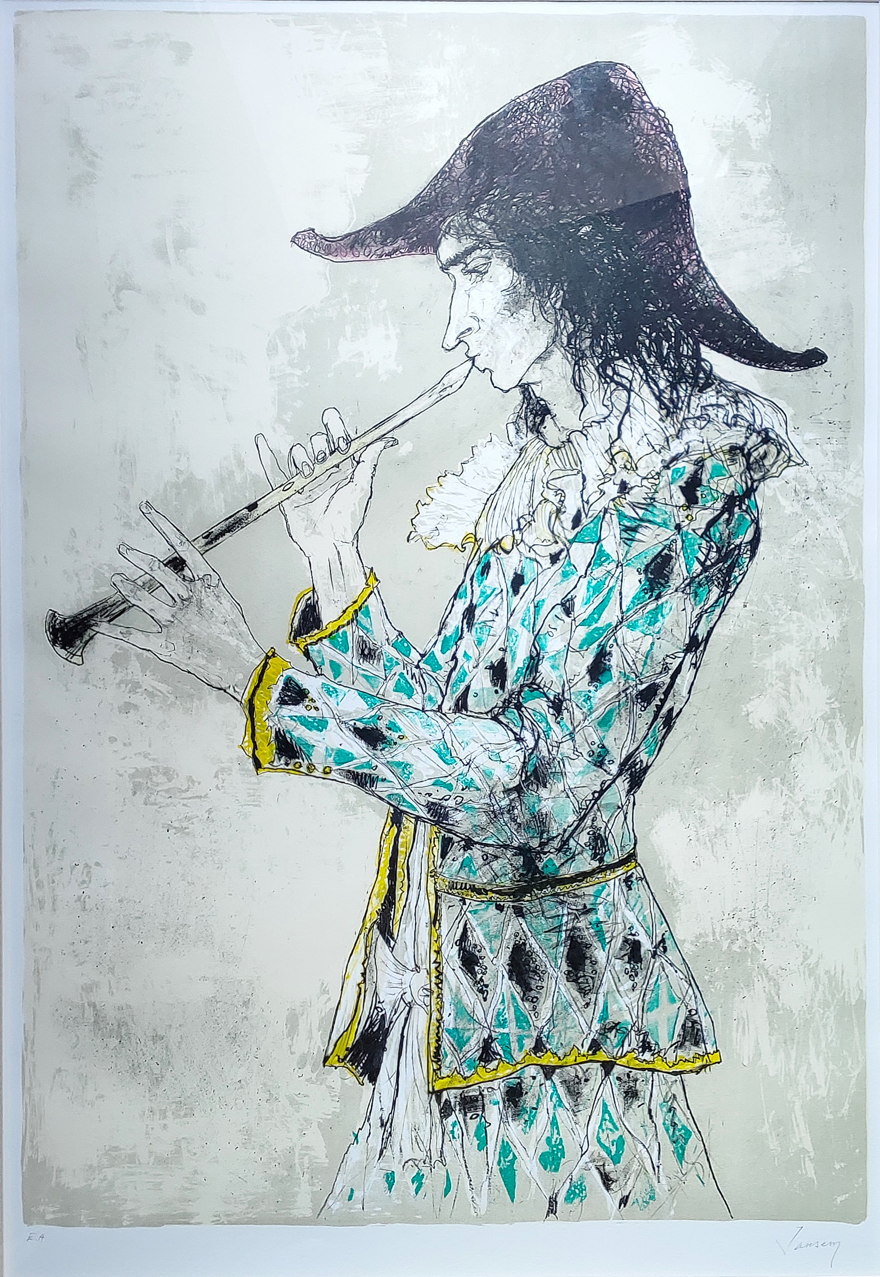 ジャンセン フルートを吹くアルルカン リトグラフ 画面 84 59cm 画廊アートエミュウ Art Emy