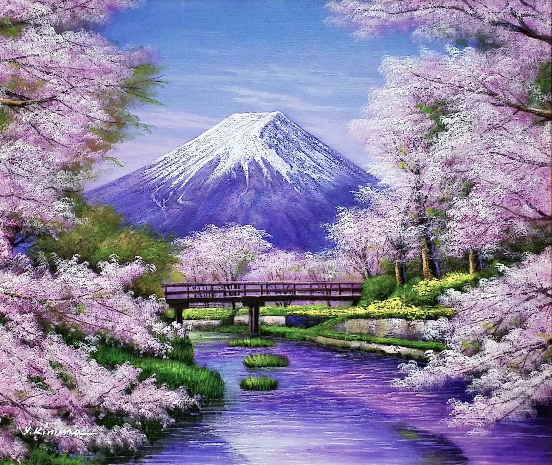 お得超激得◆ 木村由記夫 『 忍野の桜（SM号） 』 油絵 自然、風景画