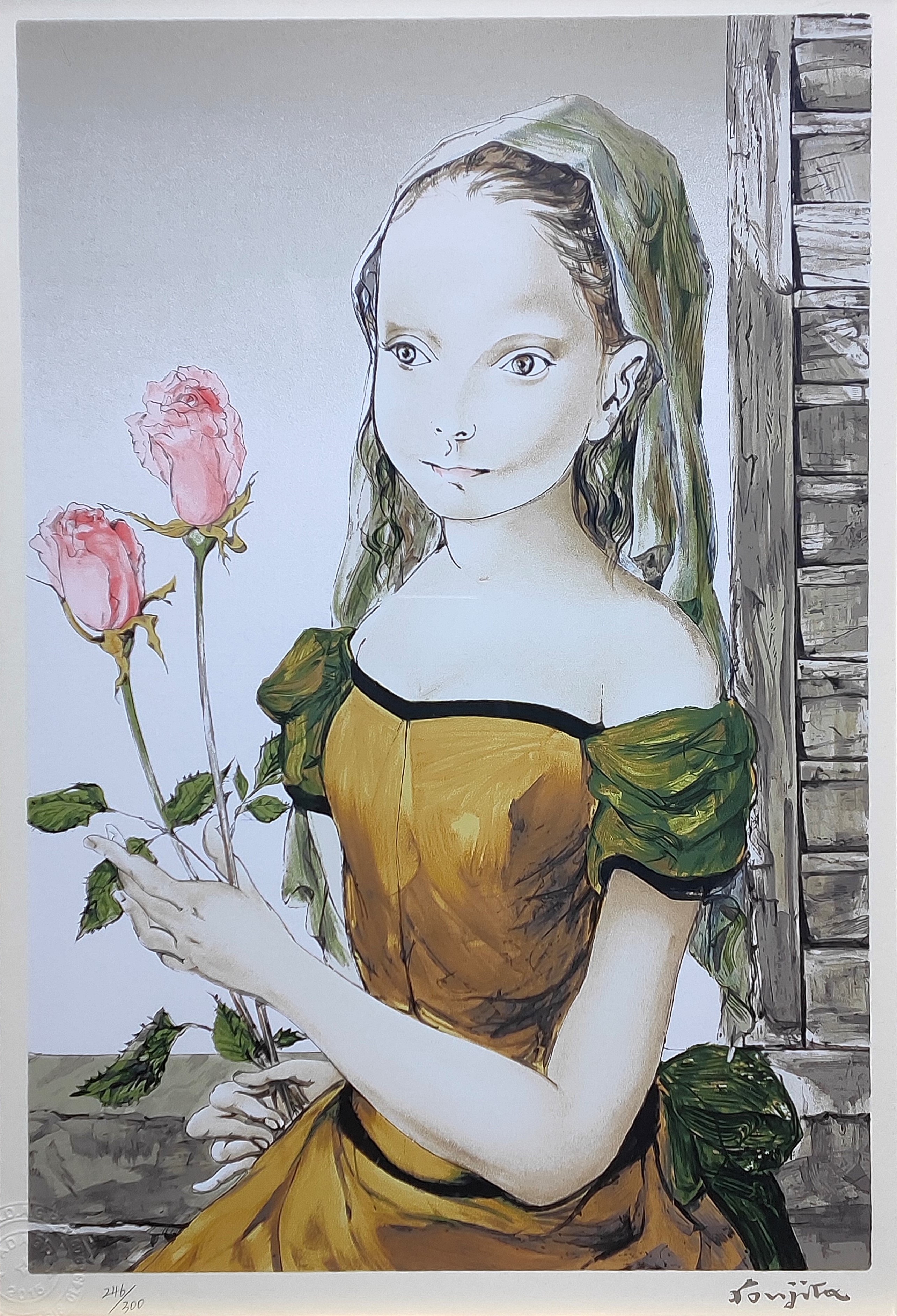 藤田嗣治 – 花を持つ少女（シルクスクリーン 画面 40.9×27.7cm 