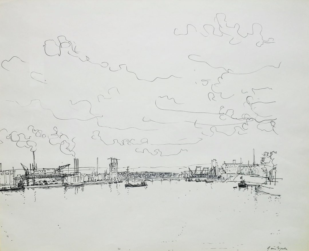 No.99-37ベルナール・ガントナー「港の風景」インク36.5×45cm.jpg