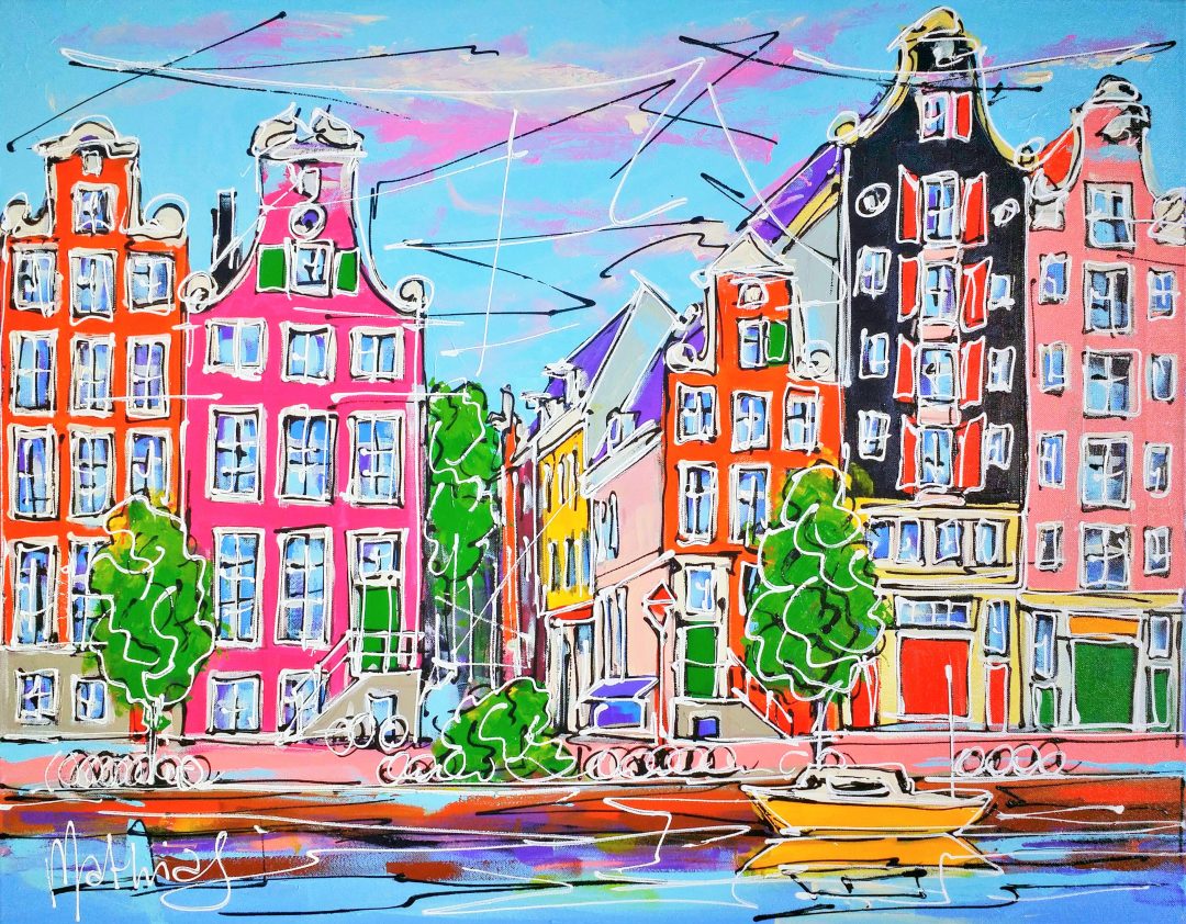 Canal-of-Amsterdam-colored-houses-and-yellow-boat」アクリル30号.jpg
