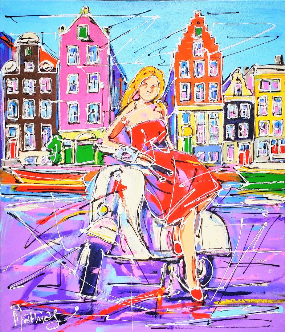 Street-of-Amsterdam-red-girl-on-the-scooter」アクリル20号.jpg
