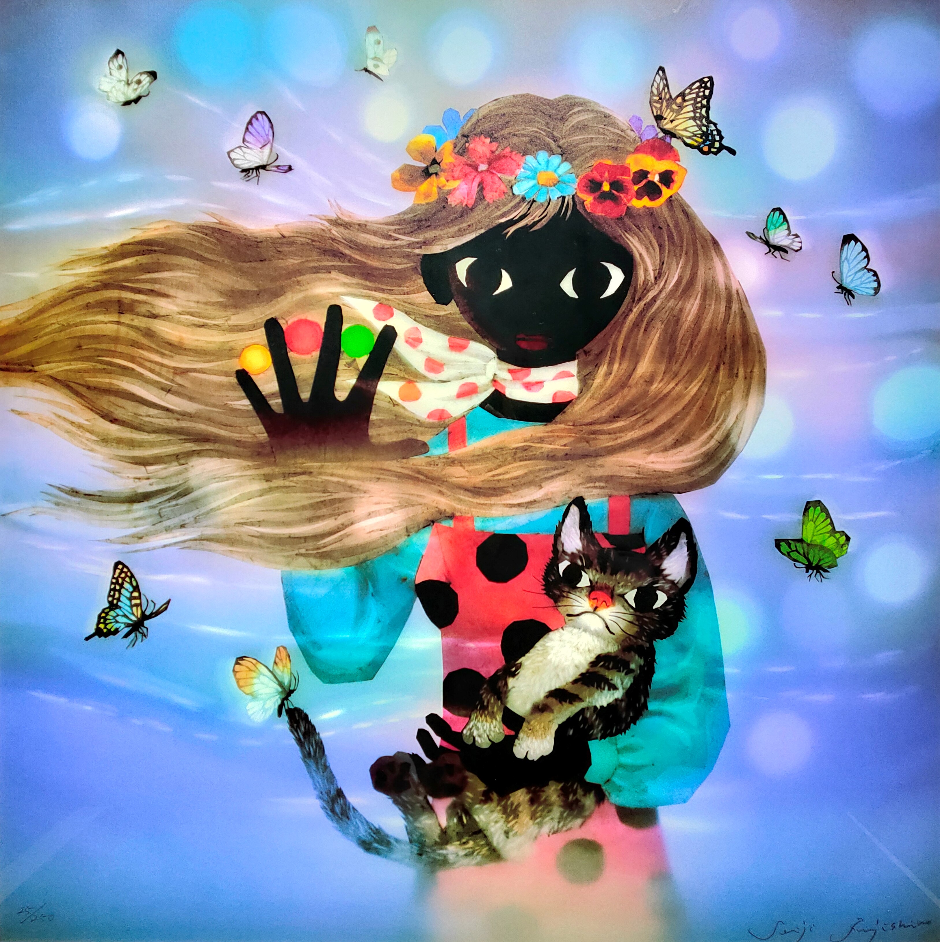 藤城清治 – 猫と少女（リトグラフ 画面 60×60cm） - 画廊アート 