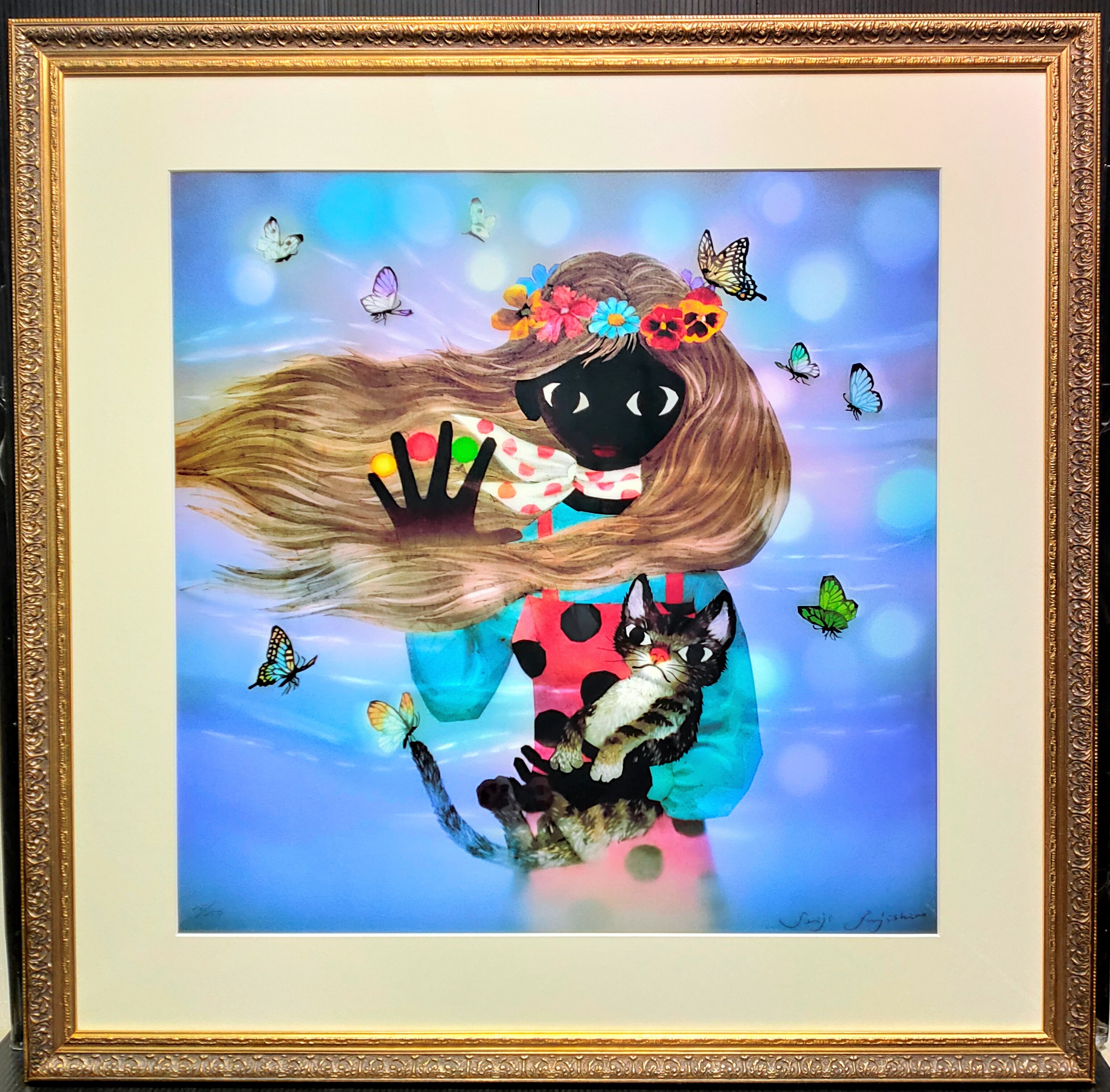 藤城清治 – 猫と少女（リトグラフ 画面 60×60cm） - 画廊アート 