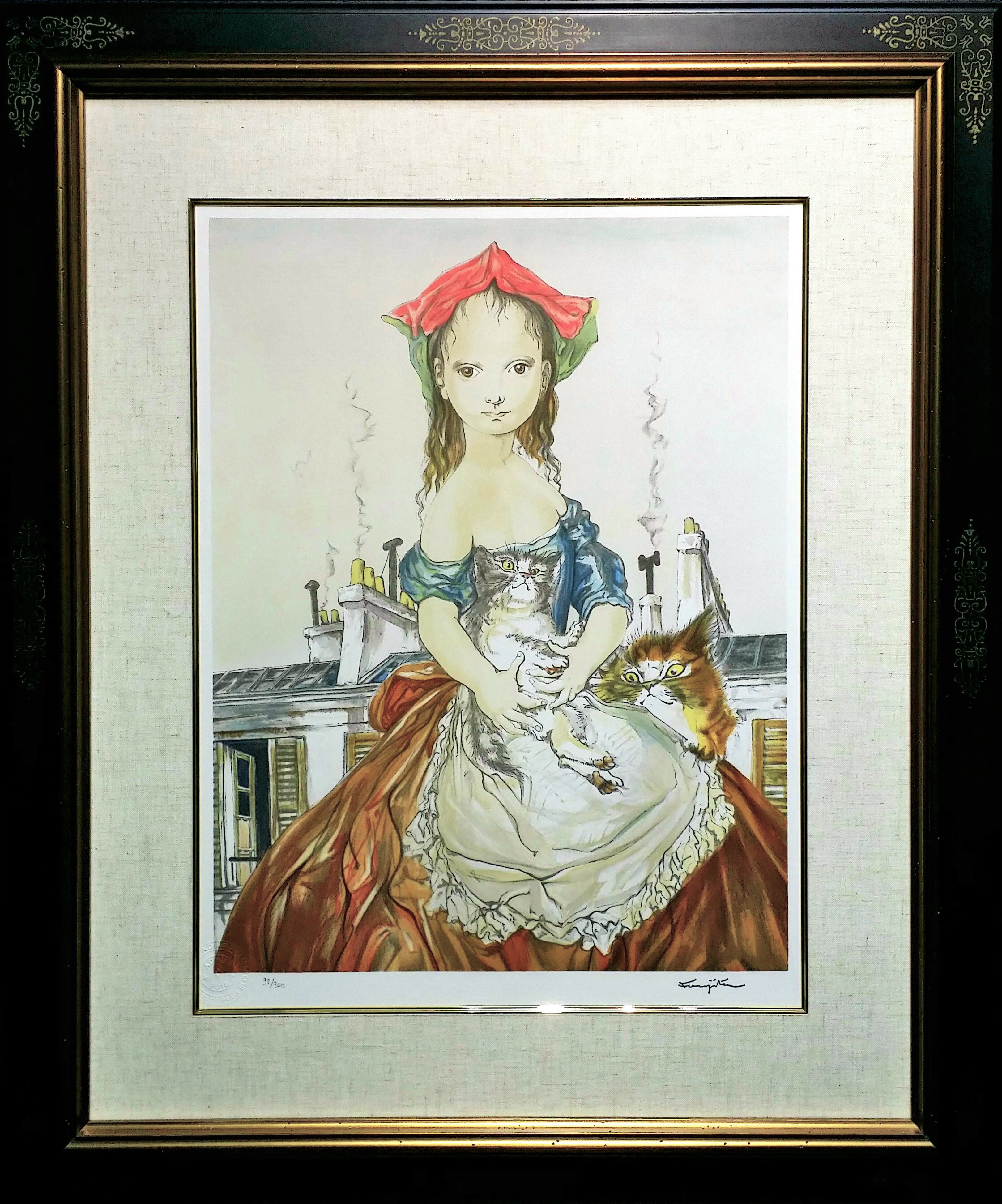 藤田嗣治 – パリの屋根の前の少女と猫（リトグラフ 画面 49.7×38.3cm